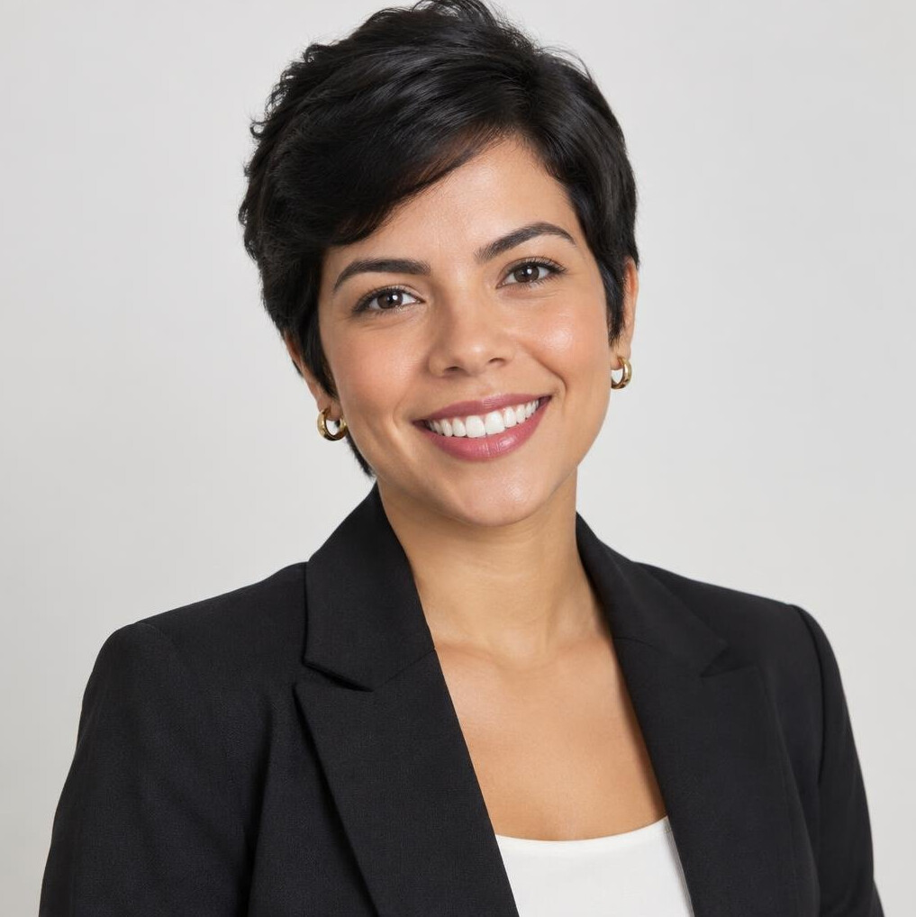 Studio portrait of a Brazilian woman with short hair smiling