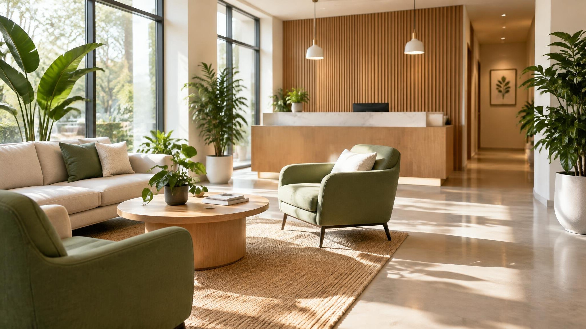 Bright modern reception area with plants
