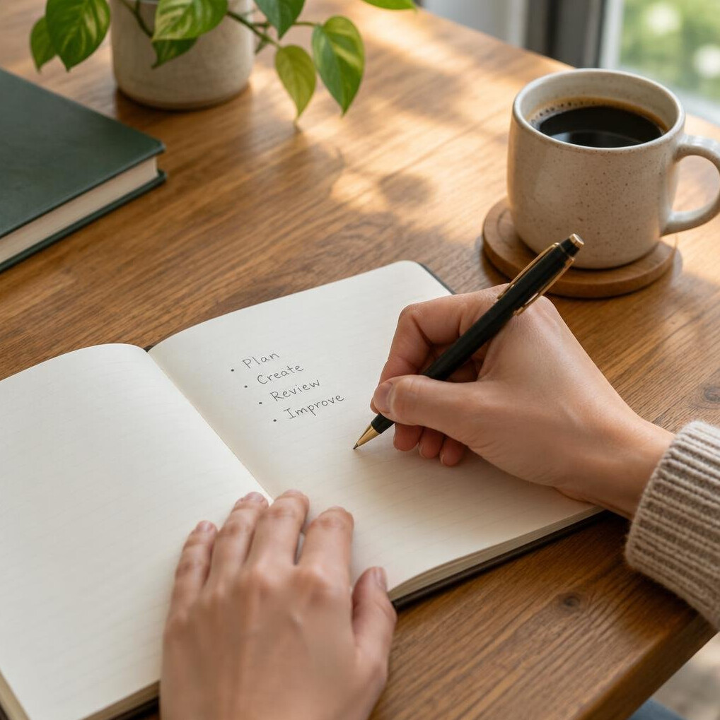 Close-up of hands writing notes in a notebook with coffee