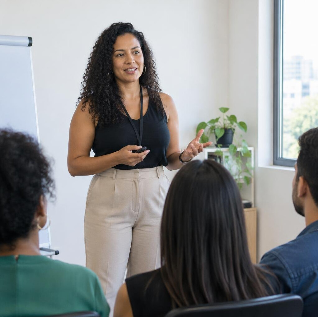 Person presenting to a small seated audience